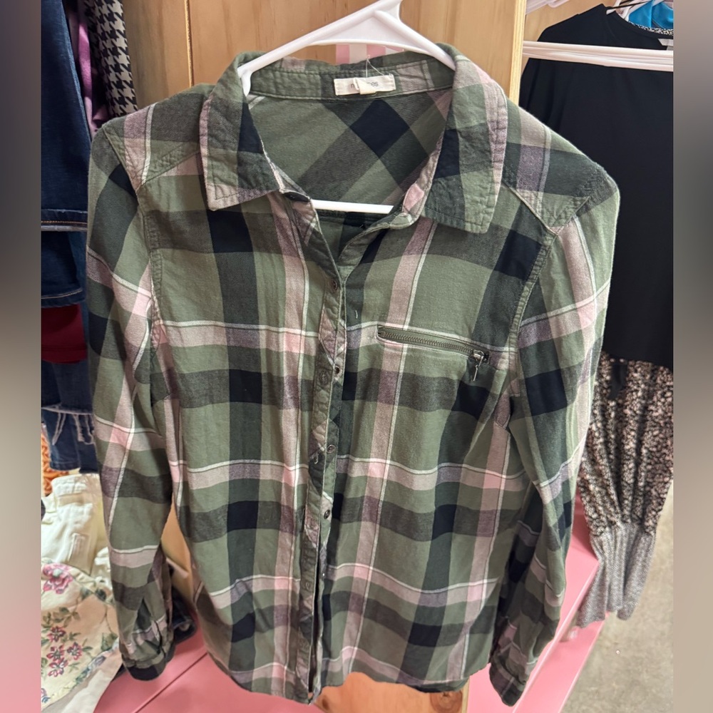 Maurices Olive and Charcoal Plaid Shirt